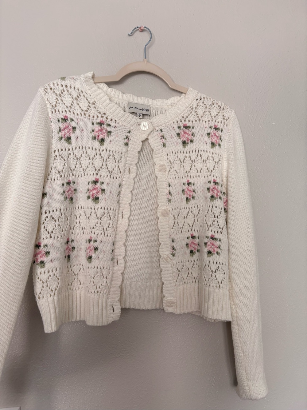 Freshman Cream Cardigan with Pink Rose Motif
